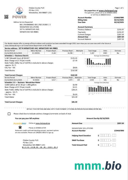 USA Washington Chelan County PUD rachunek za usługi komunalne szablon w formacie Word i PDF